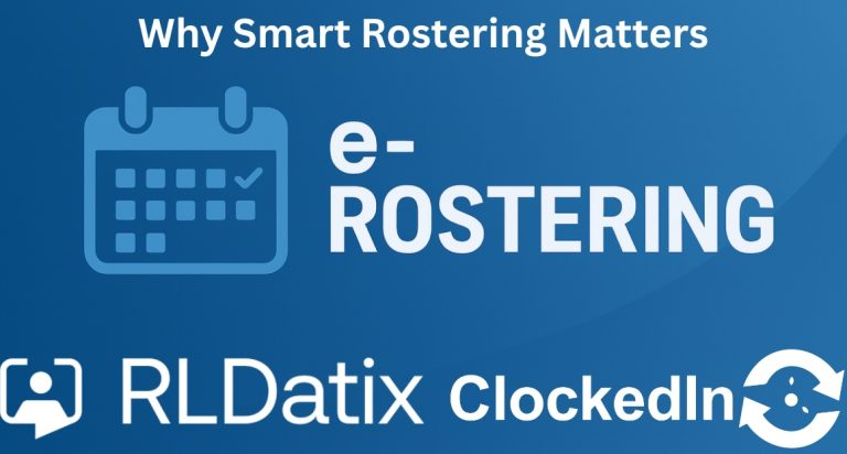 Blue workforce scheduling graphic with the word Rostering displayed beside a calendar icon.